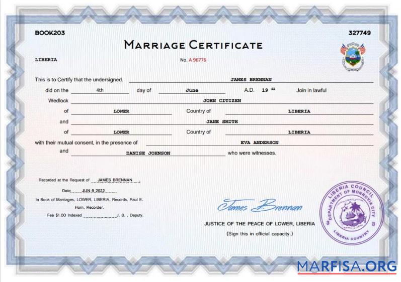 Blank Liberia marriage certificate Word and PDF template